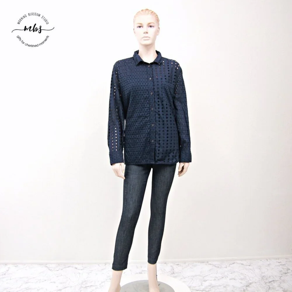 J. Crew Classic Fit Eyelet Button Down Cotton Shirt With Camisole Navy Women‎ 3X